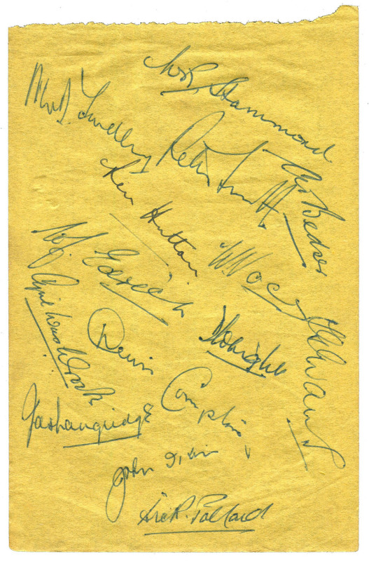 ENGLAND IN AUSTRALIA 1946/47: A page from an autograph book, attractively signed in pen by 15 of the touring party, including Hammond, Yardley, Hutton, Edrich, Compton and Bedser. 