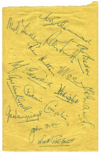 ENGLAND IN AUSTRALIA 1946/47: A page from an autograph book, attractively signed in pen by 15 of the touring party, including Hammond, Yardley, Hutton, Edrich, Compton and Bedser. 