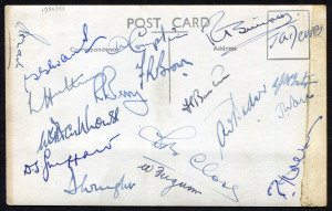 M.C.C. IN AUSTRALIA: 1950/51 Touring party autographs (18, excl. Bailey and Washbrook) on the reverse of a RP postcard of the "Stratheden" which had brought the team to Australia; the Official Team Sheet for the 1958-59 Australasian Tour (May, Capt.) with