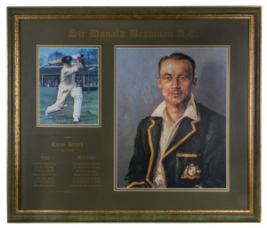 SIR DONALD BRADMAN A.C. Don Bradman signature on numbered (133/300) 32 x 25mm colour photograph