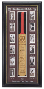 ST GEORGE DISTRICT CRICKET CLUB TEAM OF THE CENTURYFull sized cricket bat attractively mounted in presentation case featuring the original signatures of Don Bradman, Arthur Morris, Les Fabell, Ray Lindwall, Bill O'Reilly, Kerry O'Keeffe and other luminari