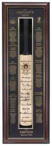 THE CAPTAIN'S CHOICE - THE SIMPSON SELECTIONFull-size "blazed in glory" commemorative bat featuring the original signatures of 6 former Australian Test Team captains and 6 others selected by Simpson including Barry Jarman, Keith Stackpole, Doug Walters an