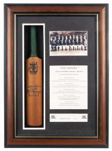 1948 TESTS miniature bat featuring the original signatures of Arthur Morris and Bill Brown in a framed limited edition presentation entitled "THE OPENERS" with details of their acheivements in the 5 test series in England. 57 x 41cm 