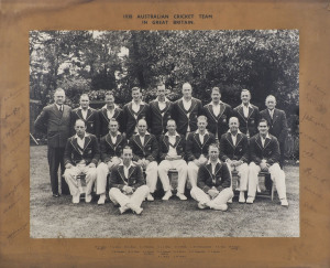 1938 AUSTRALIAN CRICKET TEAM IN GREAT BRITAIN: Superb large format original photograph mounted with printed heading and team members' names in lower margin fully signed by all 18 in the left and right margins including Don Bradman, Stan McCabe, Sid Barnes