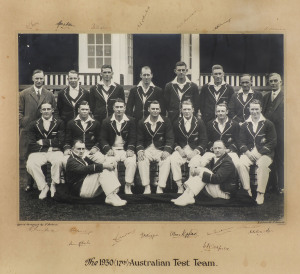 THE 1930 (17th) AUSTRALIAN TEST TEAM: Large format original photograph by Bolland featuring the complete touring squad including Don Bradman, Bill Oldfield, Bill Ponsford, Bill Woodful, Alan Kippax and Clarrie Grimmet who have signed in full to the upper 