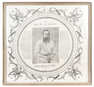 DR. W. G. GRACE, Champion Cricketer of the WorldLarge printed cotton handkerchief, circa 1895, commemorating the career of W. G. Grace with his portrait and biography in a circular frame that records his 100 centuries to that date. 54 x 56cm. Framed and g