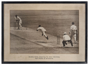 Australia v. England First Test Match, Brisbane December 1936Large format original photograph 46 x 72.5cm depicting "Gubby" Allen bowling to Stan McCabe with Les Ames as wicket keeper. Framed and glazed overall 64 x 89cm.England won the Test Match by 322 