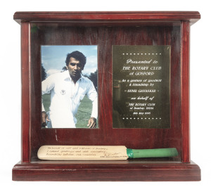 Sunil Gavaskar presentation display May 1995, miniature bat, photograph and engraved plaque commemorating a visit by Gavaskar to Gosford.