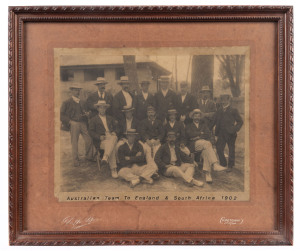 The Australian Cricket Team in South Africa 1902-03Original albumen and print photograph of the Australian Cricket Team at Cape Town en route to Australia from England. 15 x 20.5cm. Mounted, framed and glazed overall 26 x 31.5cm.The Australians played six