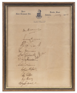 Australia v. India - 4th Test, Adelaide 1948: The Australian Test Team signatures in pen on LEE'S HOTEL RICHMOND, ADELAIDE letterhead dated January 1948 including Don Bradman, Sid Barnes, Lindsay Hassett, Ian Johnson, Keith Miller, Ray Lindwall and six ot
