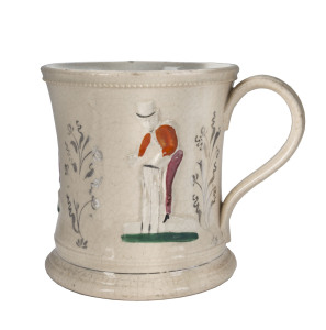 c.1850 Staffordshire Cricket Mug with raised decorations, a beaded rim with raised figures of Box, Pilch and Clarke, hand coloured; fine condition.