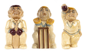 'The Bowler, the Batsman and the Wicketkeeper' set of three H.J. Wood ceramic toby jugs of cricketers. Each approx.18cm tall. Very good condition.