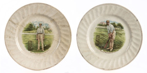 Sydney F. Barnes of Lancashire & England: A pair of ceramic side plates with colour transfer printed vignettes of Barnes in batting pose to centre on one and preparing to bowl on the other; each with inscription 'Syd. F. Barnes-Famous International Bowler