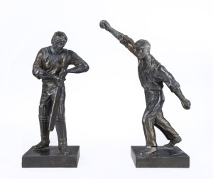Two spelter figures of a batsman and a bowler, each standing on a square base in active positions; circa 1900; 25cm and 28cm high, respectively. (2 items).