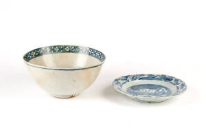 A Chinese blue and white porcelain deep bowl and a provincial Ming blue and white plate painted with deer