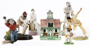 A collection of cricket ceramics, comprising plates, statuettes, ashtrays a teapot in the form of a country pavillion and a display depicted a little group of koalas playing cricket with a tree stump as the wicket. Mixed condition, with a few items damage