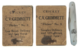 CLARRIE GRIMMETT FLICKER BOOKS: No.4 "Leg Break Delivery and Leg Break Finger Spin" and No.5 "Googly Delivery and Off Break Finger Spin" both complete and in fair condition; accompanied by a small pocket-knife with Grimmett's monogrammed initials "CVG". A