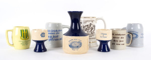 A collection of cricket-themed mugs, cups, glasses, tankards and a wine jug with 6 beakers; mainly ceramic, several glass or other materials. (25 items). Various sizes. [For collection from our rooms.]