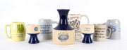 A collection of cricket-themed&nbsp;mugs, cups, glasses, tankards and a wine jug with 6 beakers; mainly ceramic, several glass or other materials. (25 items). Various sizes.&nbsp;[For collection from our rooms.]