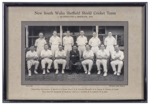 1946 New South WalesTeam, official team photograph by Sidney Riley, with the title 'New South Wales Sheffield Shield Team, v Queensland at Brisbane, 1946', and players names printed on mount, overall 23 x 33 cm. The team included Morris, Barnes (Capt.), S