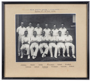 1946 New South WalesTeam, official team photograph, with the title 'New South Wales v England, Sydney, 15th - 19th Novr. 1946.', and players names annotated on the mount below, overall 31 x 35 cm. The NSW team included Lindwall, Morris, Barnes, Saggers & 