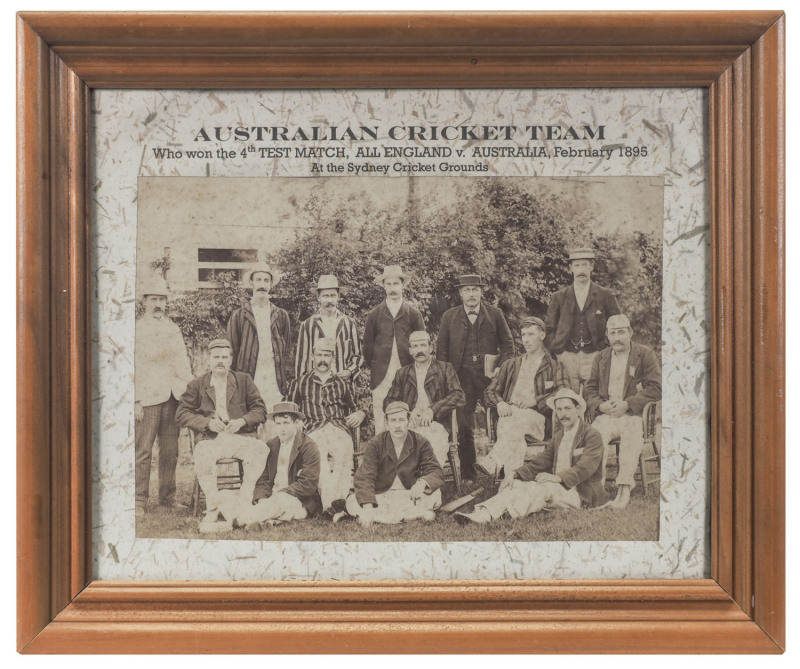 AUSTRALIA v ENGLAND ASHES SERIES IN AUSTRALIA, 1894-95: A sepia-toned albumen photograph of the Australian team that won the 4th Test in February 1895 at the S.C.G. The image, 15 x 21.5cm; framed and glazed, overall 25 x 30cm.Although England won the Seri