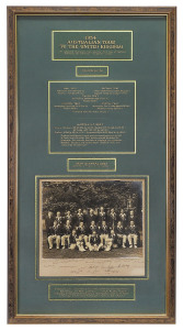 1934 AUSTRALIAN TOUR TO THE UNITED KINGDOM attractive display, further entitled "The eighteenth Australian team and the first tour of England following the notorious "Bodyline" series" incorporating an official team photograph fully signed in ink in the l