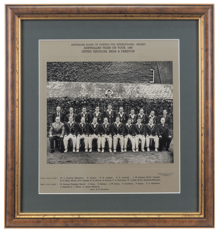 AUSTRALIAN BOARD OF CONTROL FOR INTERNATIONAL CRICKET official photograph, titled "AUSTRALIAN TEAM ON TOUR, 1956 UNITED KINGDOM, INDIA & PAKISTAN" with the names of the touring party printed in the margin below. Attractively framed & glazed using green ac