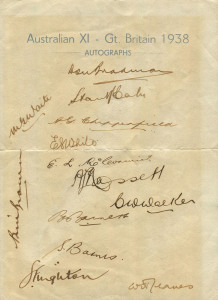 AUSTRALIAN XI - GT. BRITAIN 1938 (partially) signed official Autographs teamsheet. 13 members of the touring party have signed in pen, including Bradman, McCabe, Hassett, Barnes, Brown, O'Reilly and Fingleton.