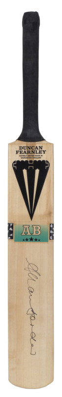 ALLAN BORDER: A full-size "AB" Duncan Fearnley cricket bat, signed by Allan Border, for whom it was named. In a first class career than started in 1978 and ended in 1994, AB scored 27,131 first class runs at an average of 51.38. He ranks 2nd (behind Ricky