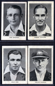 TRADE CARDS: 1932 Amalgamated Press "Australian and English Cricket Stars" [28/32], G/EF; also a part set of the 1934 "Test Match Favourites" [19/40] all English players. G/VF.