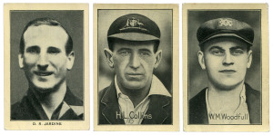 TRADE CARDS: AMALGAMATED PRESS LTD 1926 "Famous Test Match Cricketers" complete set [32], plus Australian issues 1928 "Famous Australian Cricketers" complete set [16] and 1928 "England's Test Match Cricketers" complete set [16]. G/EF. Cat.£608.