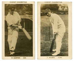 CIGARETTE CARDS: J. A. PATTREIOUEX LTD (2) from the 1922 "Cricketers" real photograph series headed "Casket Cigarettes", H.Carter C.4 and C.Wilson C.24 (plain backs). A scarce pair in EF condition.