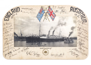 ENGLAND IN AUSTRALIA 1920-21An original photograph of R.M.S. Osterley by the Exchange Studios, Sydney, mounted on backing card which has been signed and titled to the left by the ENGLAND squad and to the right by the AUSTRALIA squad and the commander of t