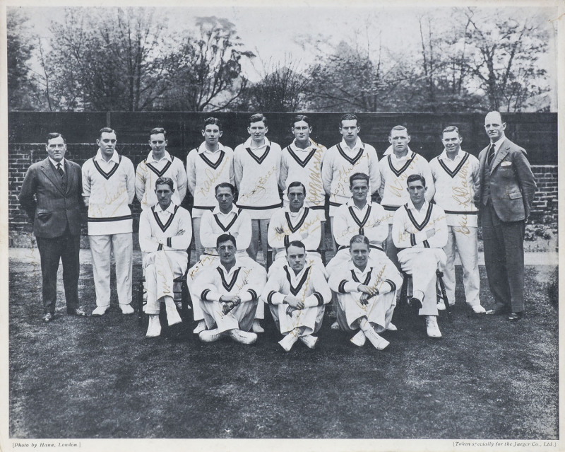 THE SOUTH AFRICAN TEAM IN ENGLAND, 1929 An original photograph (taken for the Jaeger Co., Ltd by Hana, London) showing the full South African touring squad of 16 players plus 2 officials; fully signed in ink; all somewhat faded but clearly legible. [The J