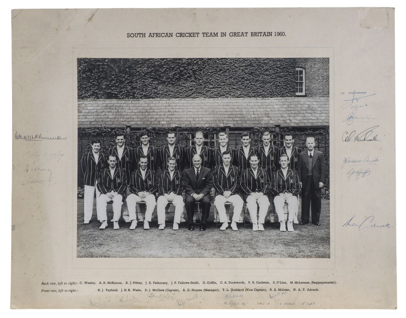 The South African Team in England 1960, official photograph on mount board with printed title above and the names of the team and officials below; signed in full (though some autographs are a little faded or affected by discolouration of the board. 