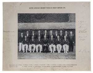 The South African Team in England 1960, official photograph on mount board with printed title above and the names of the team and officials below; signed in full (though some autographs are a little faded or affected by discolouration of the board. 