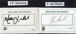 SOUTH AFRICAN TEST PLAYER SIGNED CARDS: A collection of  22 different signed cards, mounted and identified on sheets including Peter Pollock, Alan Donald, Jacques Kallis, Mark Boucher, Nicky Boje, Lance Klusener, Trevor Goddard and Mike Proctor.