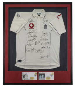 ENGLAND 2005 TEST TEAM signed England Players shirt, with 14 original signatures including Flintoff, Pieterson, Vaughan, Trescothick and Thorpe. Framed and glazed, and accompanied by a UACC Certificate of Authenticity. Overall 117 x 96cm.