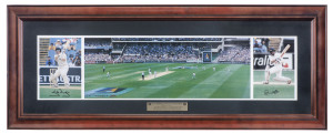 THE LAST AUSTRALIAN TEST OF THE CENTURY: Limited edition [364/1000] montage with Steve Waugh (signed) at left; a moment during play between Australia and India in the centre and Sachin Tendulkar (signed) at right. Framed & glazed; overall 44 x 110cm.