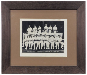 25 Jan.1933 original photograph titled in the plate "Press Cricket Writers v Australian Navy at Rushcutters Bay Oval, N.S.W." The picture includes Bradman and other cricketers whose writings appeared in publications. Framed & glazed, overall 38 x 44cm.