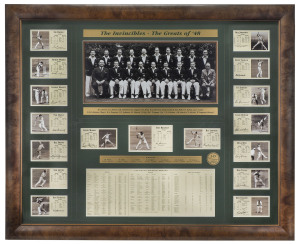 1948 AUSTRALIAN TEAM, "THE INVINCIBLES - THE GREATS OF '48", display comprising team photograph, window mounted together with action photo and tour record for each player, with 9 facsimile & 8 original signatures,including Arthur Morris, Neil Harvey, Bill