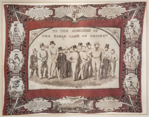 TO THE ADMIRERS OF THE NOBLE GAME OF CRICKET A large red and black printed handkerchief showing members of the England team circa 1863, all after Felix, with historiated borders. 67 x 85cm (framed 79 x 99cm)