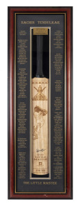 SACHIN TENDULKAROriginal signature on limited edition full-sized commemorative bat attractively mounted in presentation case featuring details of his incredible career. 110 x 36cm