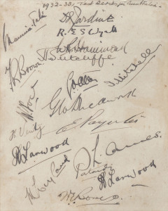 The 1932/33 English Team in Australia: Page removed from an autograph book featuring the original signatures in pen of the 17 cricketers in the English touring party including Jardine (Captain), Tait, Wyatt, Hammond, Sutcliffe, Larwood and Bowes.Mounted w