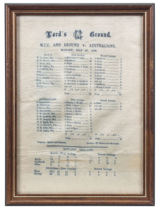 M.C.C. v. Australians Silk Scorecards: A group of (3) comprising Monday, May 27th 1878; Thursday, Friday & Saturday, May 18, 19, 20 1893 and Thursday & Friday June 11, 12 1986. Each individually framed & glazed. 26 x 19cm overall.