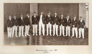 Australia v. England 1921 Test Team original photograph of the 12 members of the Australian Team including Armstrong, Bardsley, Collins, Gregory, Oldfield and Mailey. All in their full uniforms and caps. Image 20 x 40.5cm. Framed and glazed overall 32 x 5