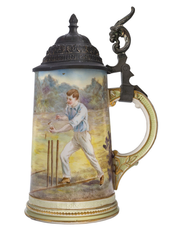 Franz Anton Mehlem, Royal Bonn cricket-themed beer stein, late 19th Century; with superb hand-painted scene in vibrant colours and pewter lid. 22cm tall. Exceptional condition.