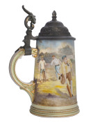 Franz Anton Mehlem, Royal Bonn cricket-themed beer stein, late 19th Century; with superb hand-painted scene in vibrant colours and pewter lid. 22cm tall. Exceptional condition. - 2