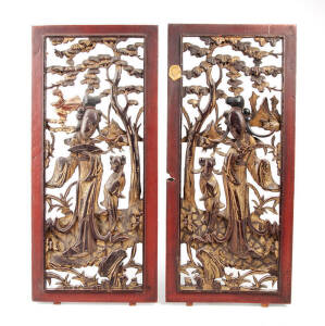 A pair of parcel gilt and lacquer door panels with figures and fir tree&nbsp;53 x 24cm&nbsp;